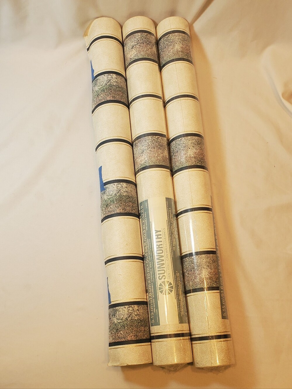 Sunworthy Vtg Striped Vinyl Wallpaper Double Roll 55.4 Sq Ft Ea, Lot Of 3 Rolls